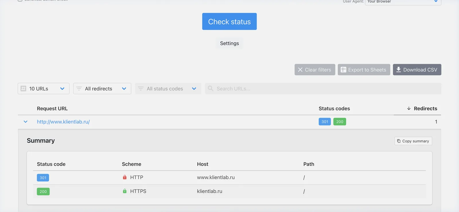 httpstatus.io: запрос http://www.klientlab.ru/ отвечает 301 и ведёт на https://klientlab.ru/ с кодом 200, один хоп