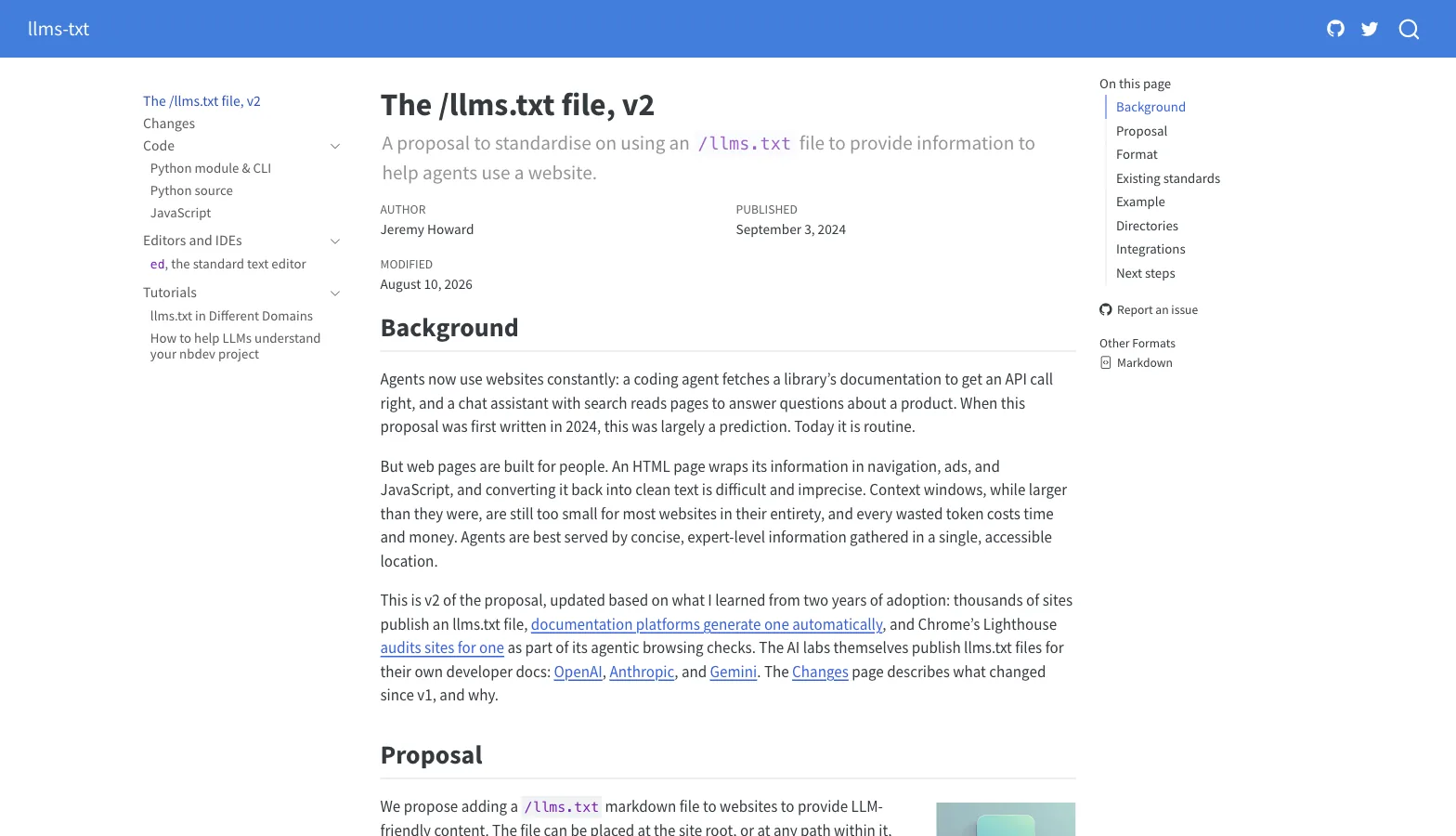 Сайт llmstxt.org: спецификация файла llms.txt версии 2, автор Джереми Ховард, обновлена в августе 2026