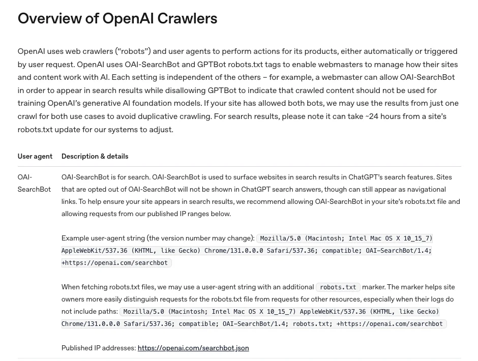 Документация OpenAI о роботах: OAI-SearchBot нужен для показа сайта в поиске ChatGPT