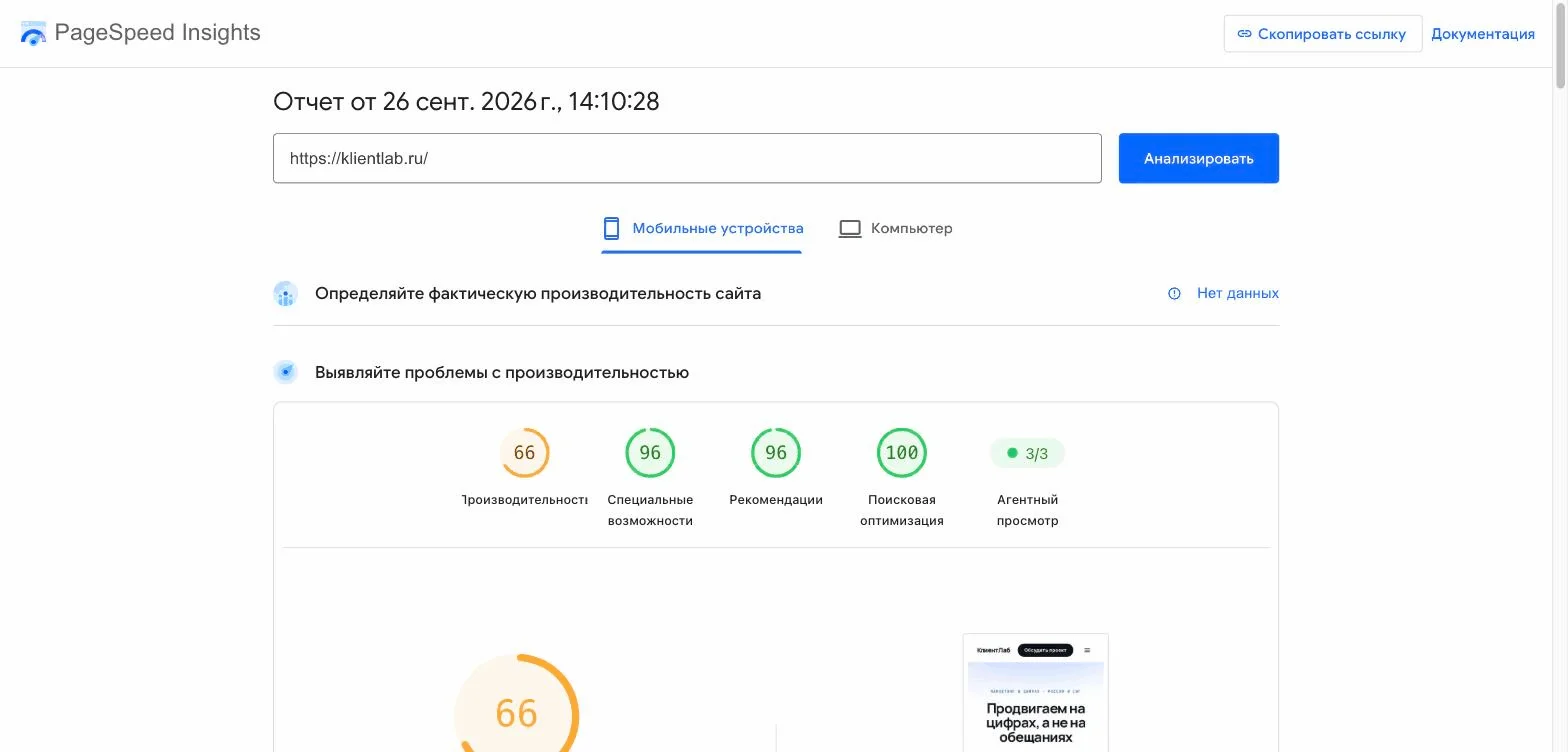 Отчёт PageSpeed Insights для мобильных: производительность 66, специальные возможности 96, рекомендации 96, поисковая оптимизация 100