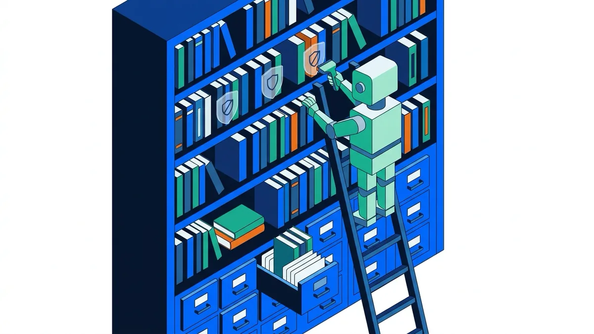 Иллюстрация: робот-библиотекарь на лестнице разбирает книги, часть книг со щитом он пропускает
